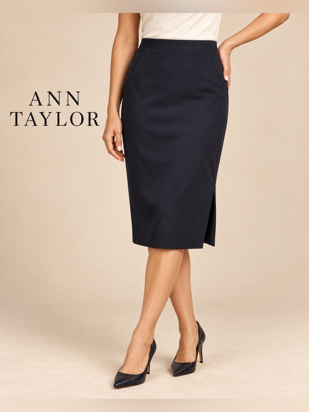 Ann Taylor Navy Blue Pencil Skirt Lined Side Zip Size 2